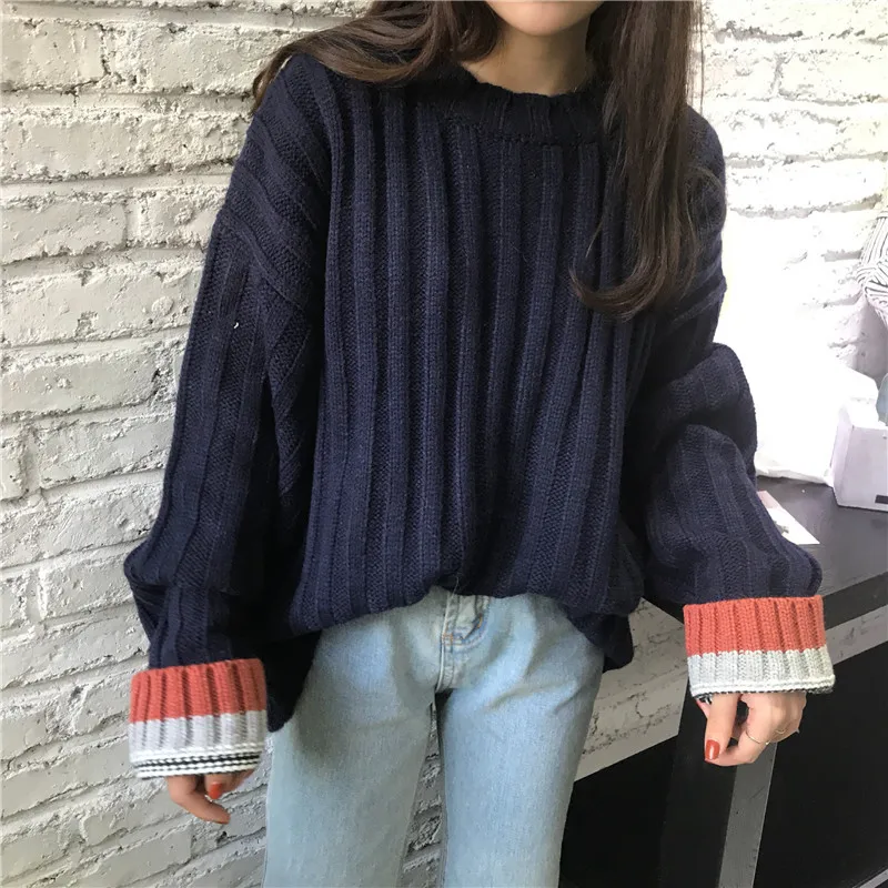 Autumn/Winter New O-neck Women Sweater with Colorful Cuff 2018 Loose Large Size Contrast Color Thick Knitting Female Pullover Autumn/Winter New O-neck Women Sweater with Colorful Cuff 2018 Loose Large Size Contrast Color Thick Knitting Female Pullover