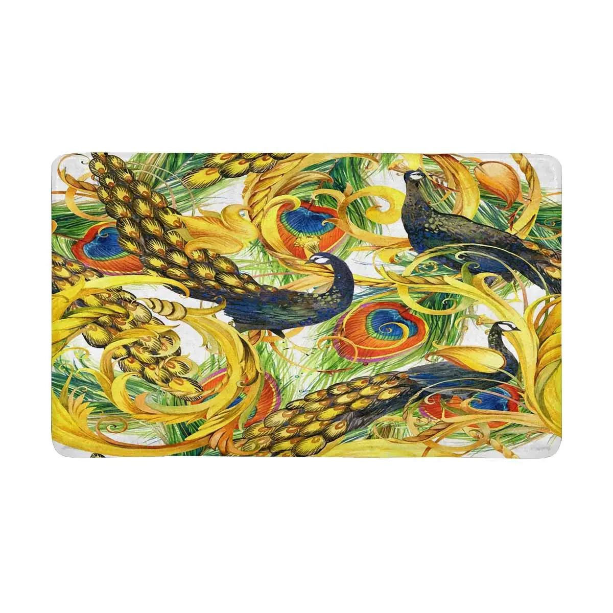 Watercolor Golden Lace Peacock Luxury Doormat Anti Slip Entrance Mat
