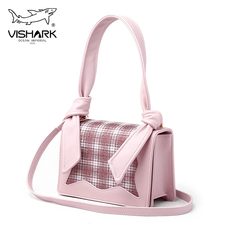 

VISHARK Korean Style Girls Cute Shoulder & Crossbody Bag with Handle & Bow-knot Fashion Plaid Fabric Design for Women & Female