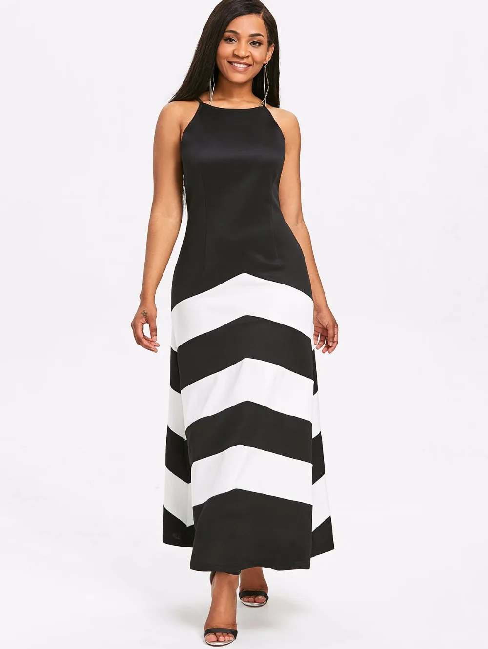 VESTLINDA Black White Striped Dress 2018 Summer Women Fashion Casual Robe Femme Maxi Dress Lomg Vestido Sleeveless Vest Dress 3