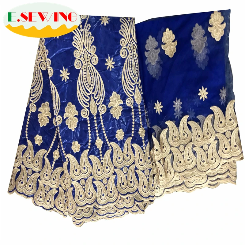 

Esewing African Bazin Riche Getzner Lace Fabric With Blouse Beaded French Mesh Lace Blue 5+2 Yards For Wedding Dress 032402