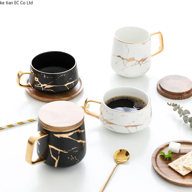 Роскошные матовые керамические мраморные чашки для чая и кофе с деревянными блюдцами черно-белое золото инкрустация керамические чашки