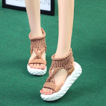 

Summer 2019 Wool knitting Sandals women Knit Cross Fish Mouth platform Sandals Heeled Footwear Open Toe Wedge Women Shoes