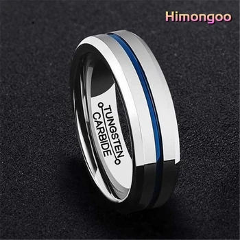 

HIMONGOO Silver Men's Tungsten Carbide Ring Thin Blue Line Wedding Band Engagement Anniversary Gift