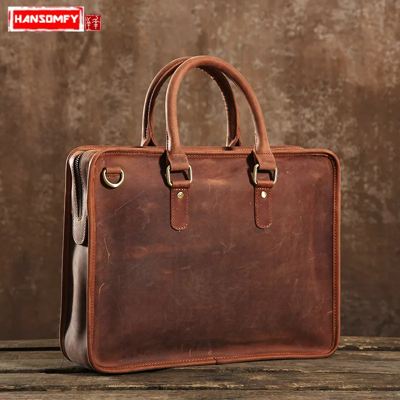 

Genuine Leather retro men's handbag simple original handmade shoulder bag male crazy horse skin Laptop briefcase messenger bags