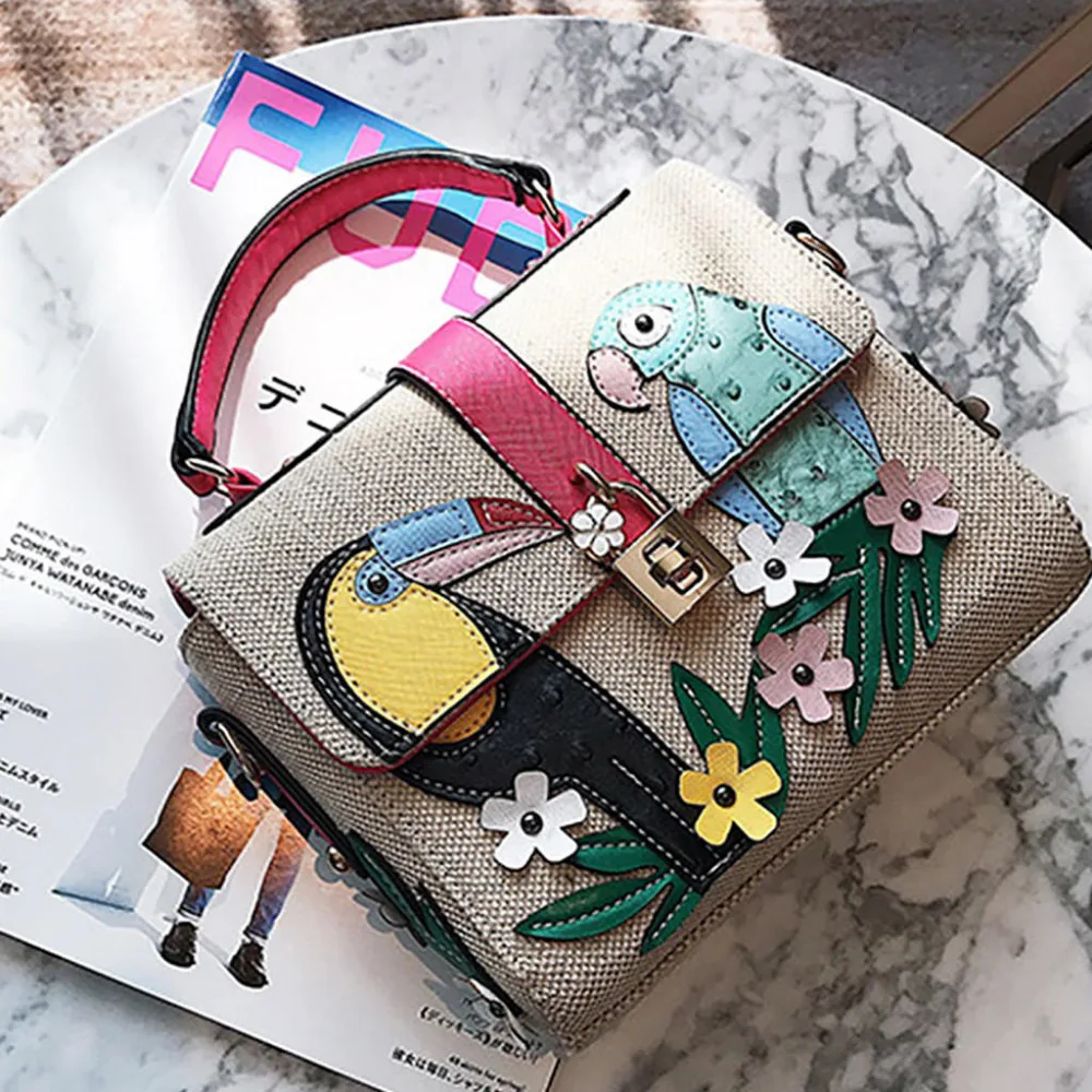 Women Handbag Fashion Canvas Patchwork Birds And Flowers Shoulder Casual Bag Messenger Exquisite Crossbody Letter Designer