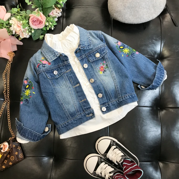 

2018 Baby Girl Boy Denim Jacket Flowers Embroidered Jackets Girls Kids Cotton Coats Children Jeans Overwear