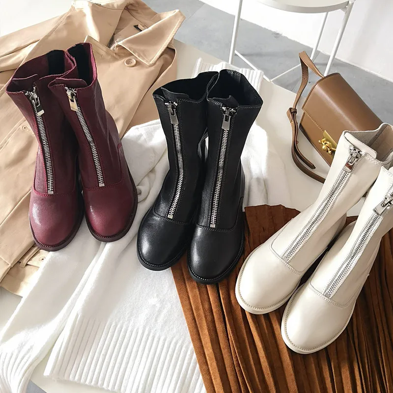 Zapatos Nueva De Negro Mujer Cortas Botas Moda Ins Flats Mujeres Show Feminina Tobillo Señoras Cremallera Acogedor Bota Caliente Show Ronda As Toe as Blanco U8E84wx