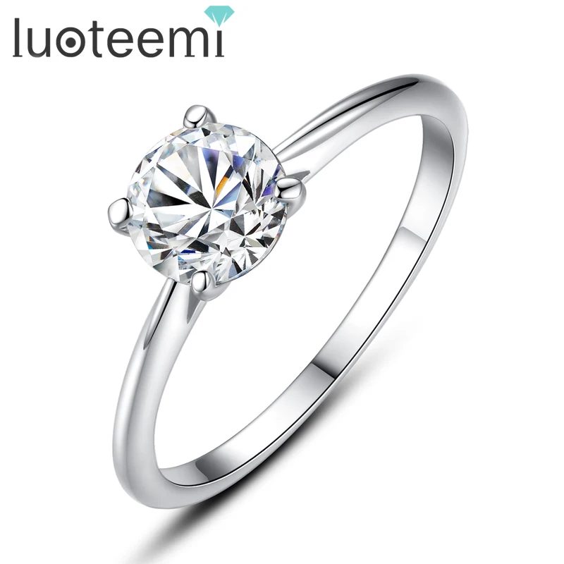 

LUOTEEMI 1 Carat 6mm Hearts & Arrows Cubic Zirconia Engagement 925 Sterling Silver Rings Women Fashion Finger Ring