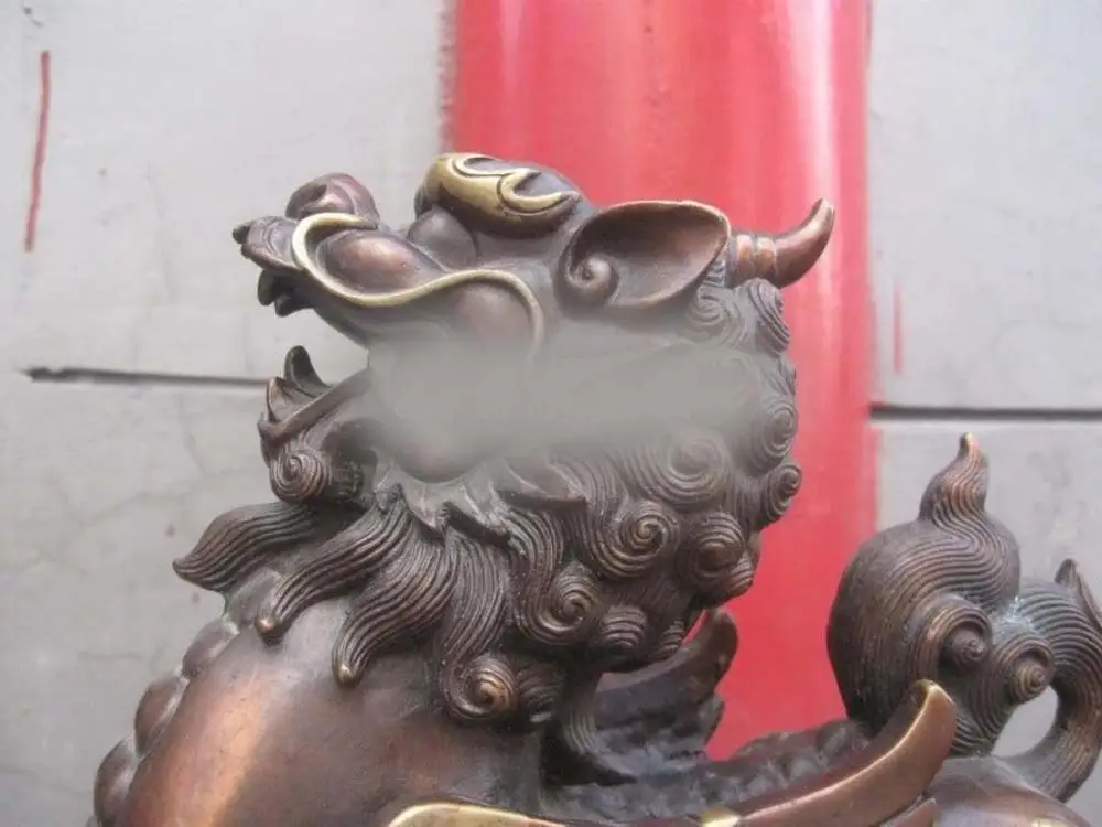

11" Chinese Red Bronze copper guard Foo Dogs unicorn Sculpture Statue (D0426)