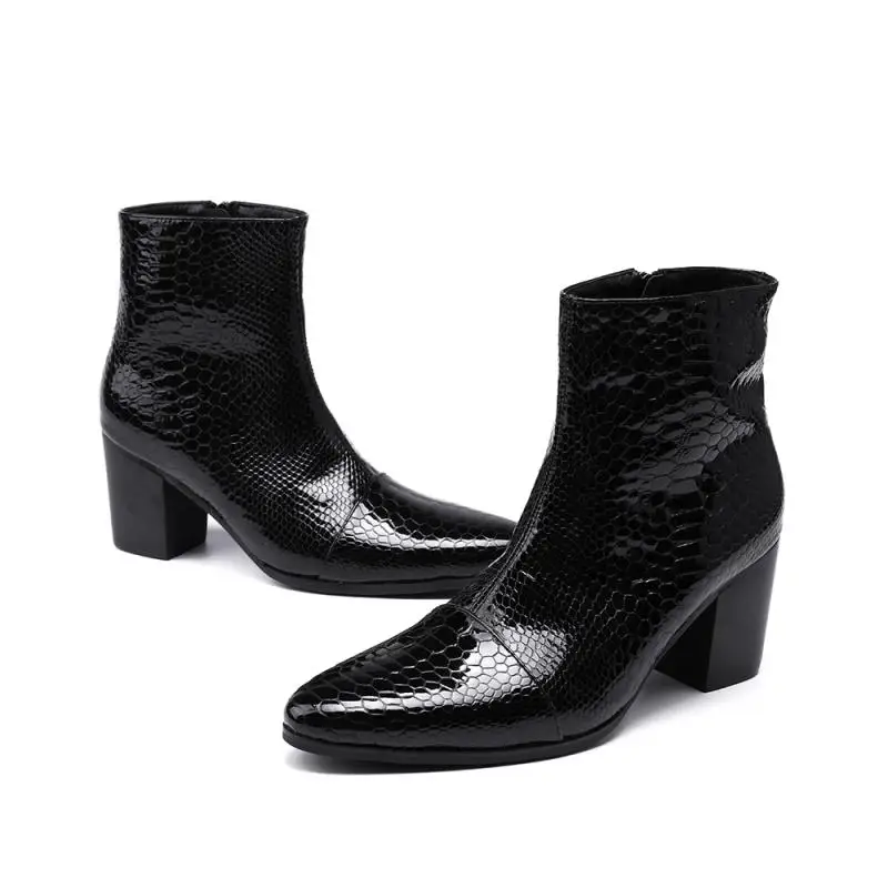 Черные Ботинки martin на высоком массивном каблуке из змеиной кожи; модные популярные зимние ботинки; мужские ботильоны