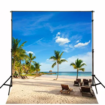 

TR Tropical Style Photography Backdrops Blue Sky Golden Beach Backgrounds for Photo Studio Green Tree Photo Studio Props Camera
