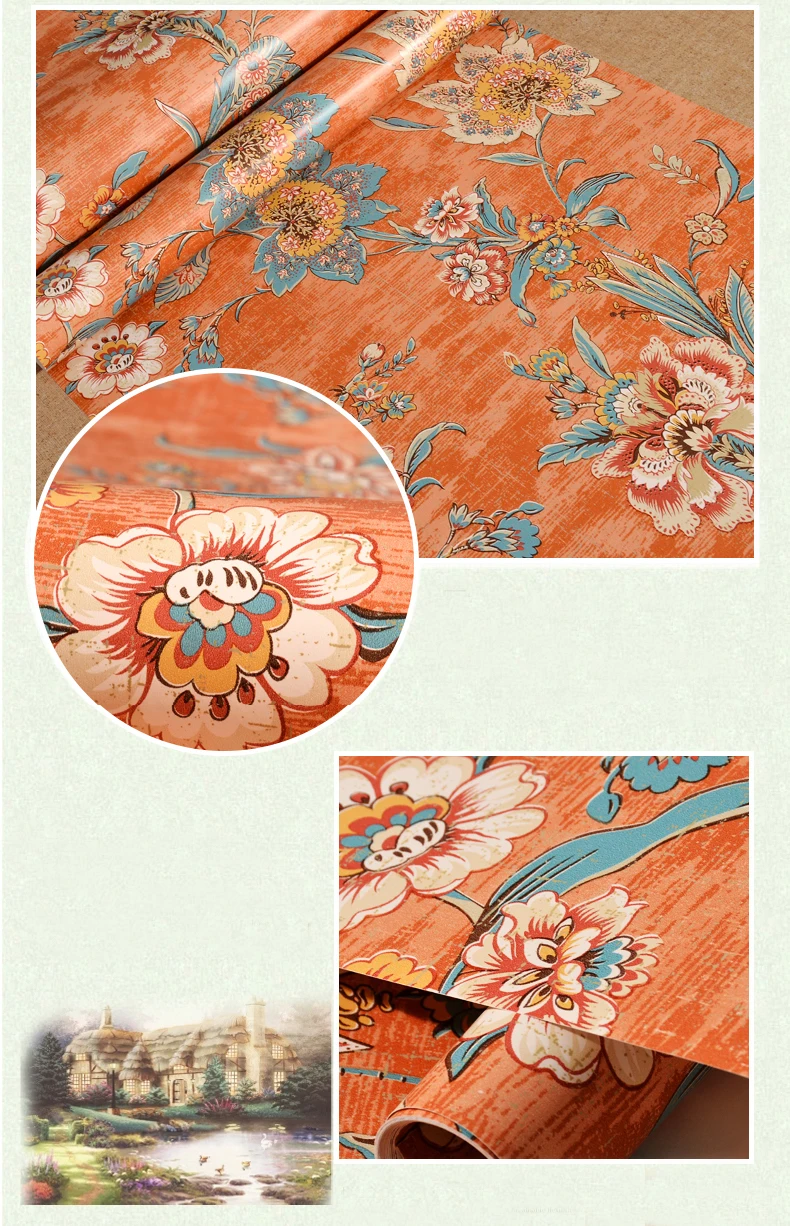 Country Vintage Orange Flower Wallpaper Self Adhesive Large Floral Wallpapers Sticker Roll Paper Wall Papers Home Decor W119