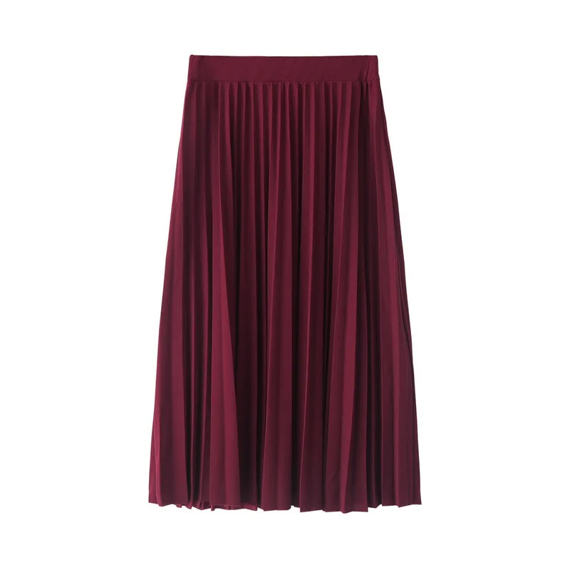 

Women Pleated Skirt Solid Color High Waist Ladies Skirt Dress Half Length Office Ladies Elastic Skirt Summer Burgundy Black Pink