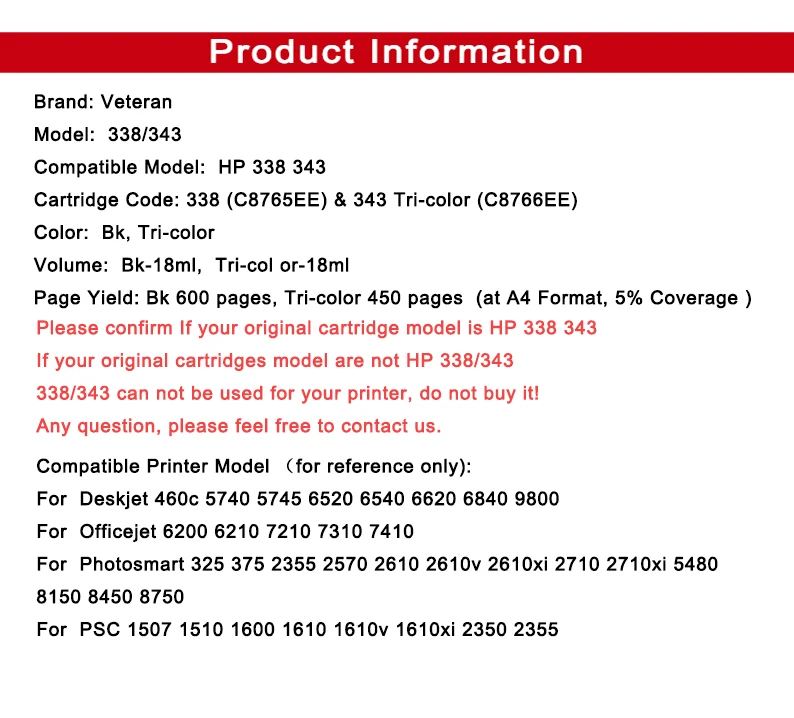 Ветеран 338 343 XL переработанный чернильный картридж совместимый с hp Deskjet 6540 5740 5745 6520