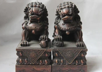 

China Palace Red Copper Bronze Guardian Door Foo Dog Lion Son Ball Statue Pair