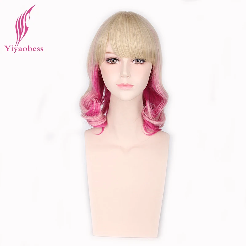 

Yiyaobess 14inch Wavy Blonde Pink Ombre Wig With Bangs Synthetic Natural Hair Medium Mixed Color Women Wigs Cosplay