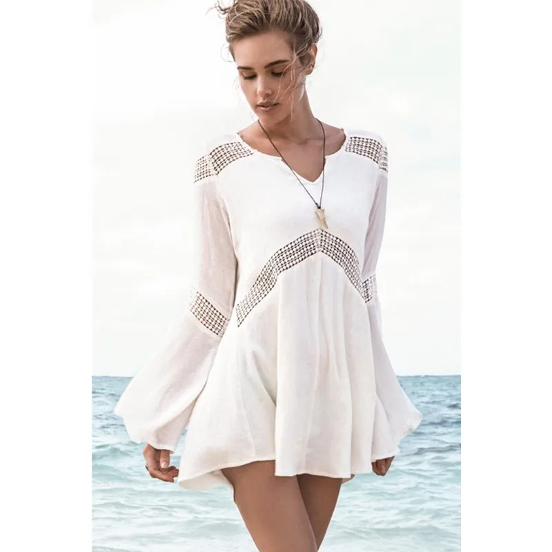 Bell Sleeves Hollow-out White Beach Tunic Woman Beachcwear 2015 Sexy Woman Chiffon Beach Wear L38200-1