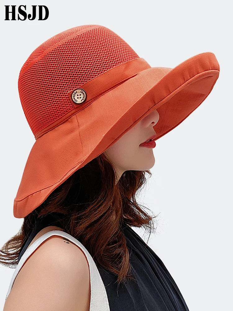 Женская летняя Складная пляжная шляпа с защитой от ультрафиолета, однотонная сетчатая шляпа с большими широкими полями, Женская тканевая солнцезащитная Кепка, женская кепка