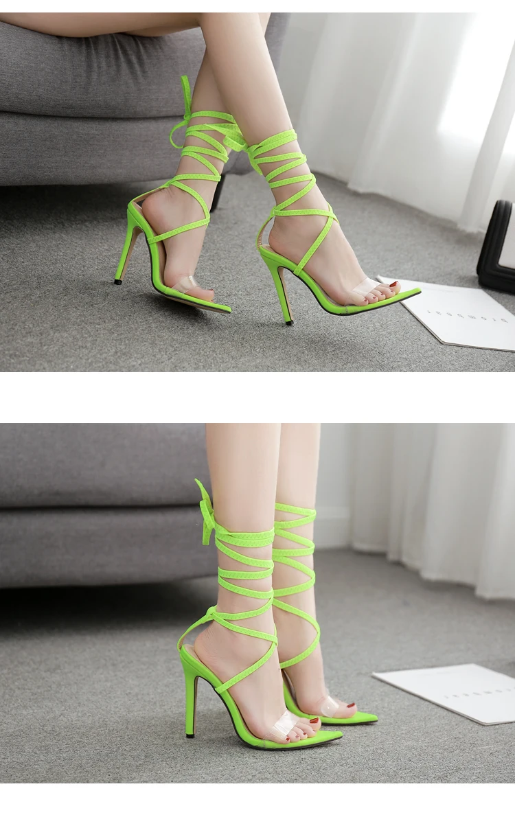 Aneikeh/Новинка года; босоножки из искусственной кожи на тонком высоком каблуке; женские туфли с острым носком; Летние свадебные туфли на шнуровке; цвет красный, зеленый