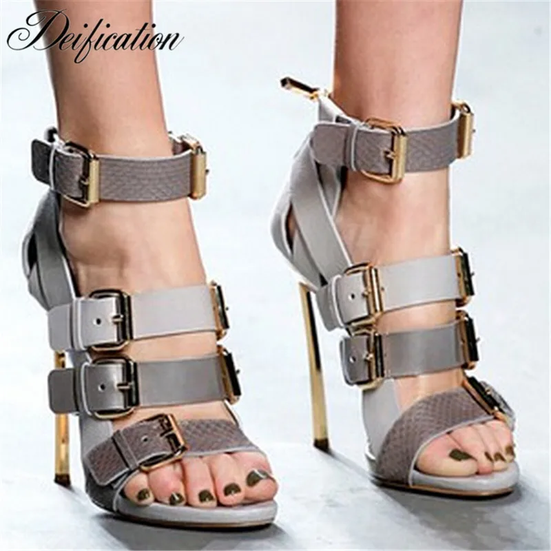 

Deification Stylish Buckles High Heels Fashion Ankle Strap Women Gladiator Sandals Cow Leather Runway Ladies Sandals Zapatillas