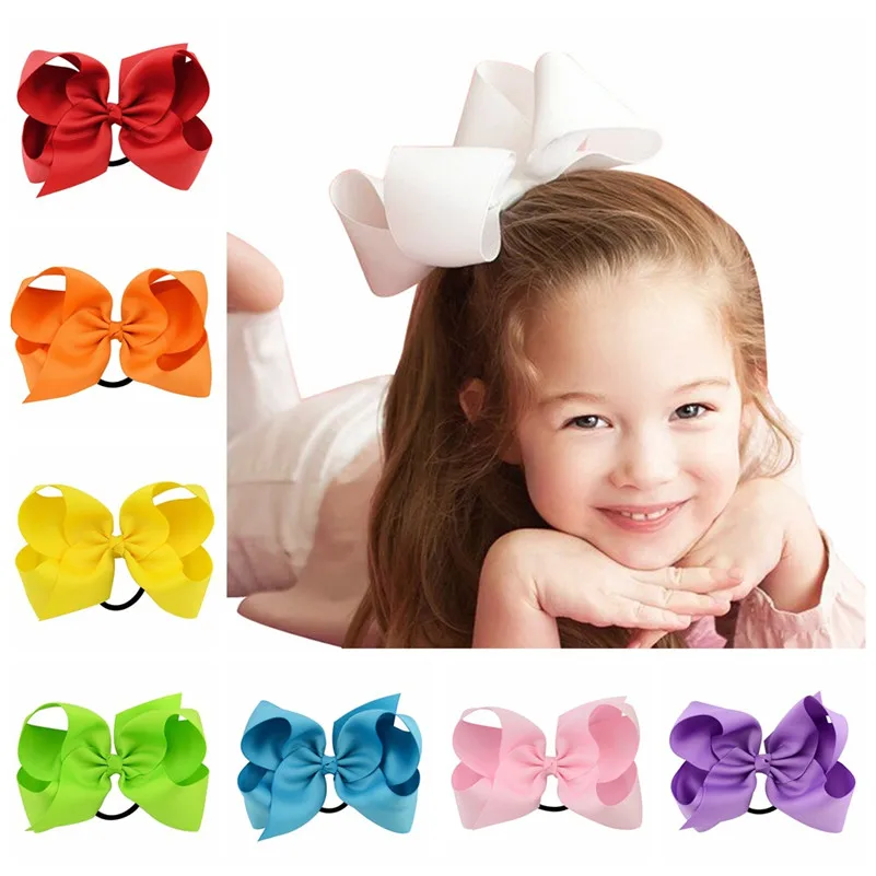 

6 Inch Solid Color Ribbon Hair Bows Children Kids Hair Holders Cute Rubber Hair Band Elastics Accessories Girl Charms Tie Gum