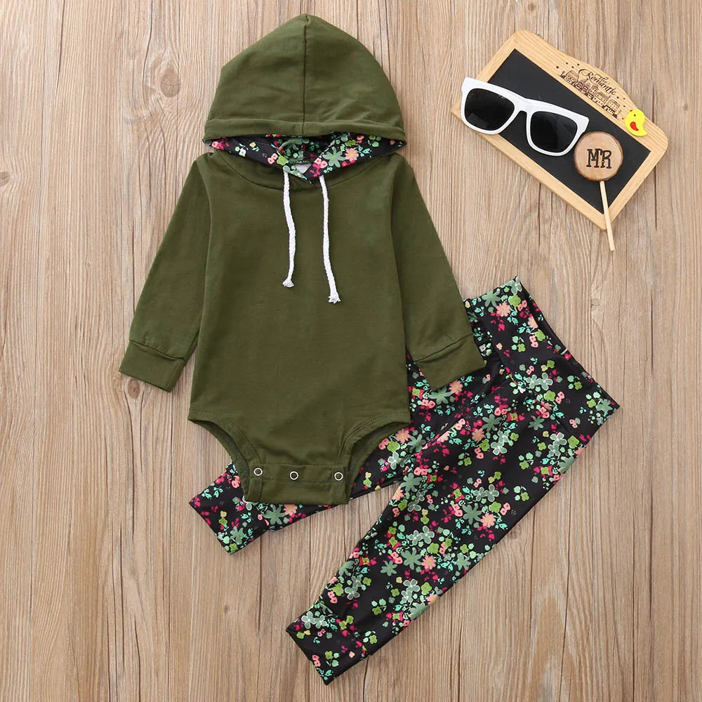 

2019 2PCS Winter Clothes For Baby Girls Boys Toddler Kids Baby Long Sleeve Hooded Romper+Floral Print Pants Set Outfit