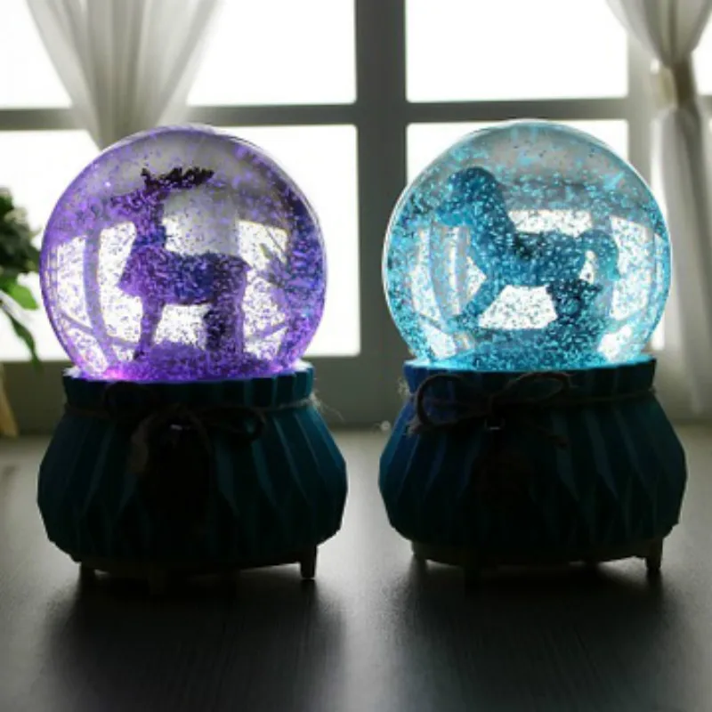 

Nordic style wooden horse elk snow crystal ball music box resin process furnishing parts automatically rotating music box