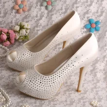 Wedopus Custom Handmade Peep Toe Crystal Shoes Platform Pumps for Wedding Ivory Satin