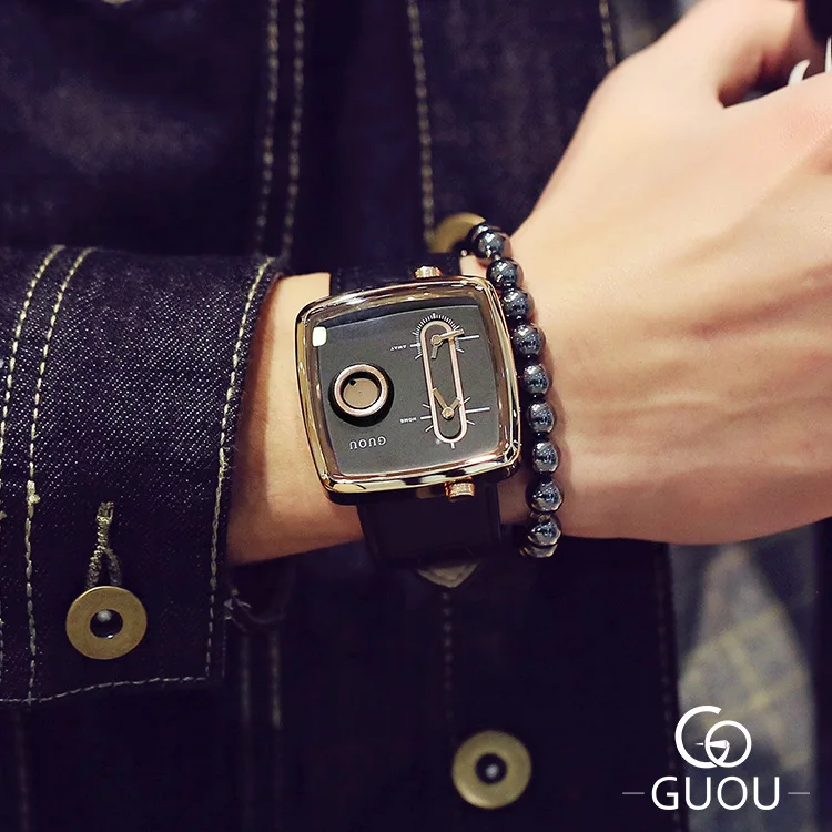 GUOU брендовые футуристические модные трендовые повседневные квадратные часы с кожаным ремешком Мужские магические часы военные кварцевые мужские наручные часы