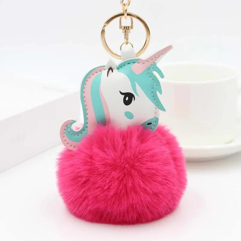 Pompom Unicorn Keychain Rabbit Fur Ball Horse Key chain porte clef Bag Car Keyring llavero mujer chaveiros For Women