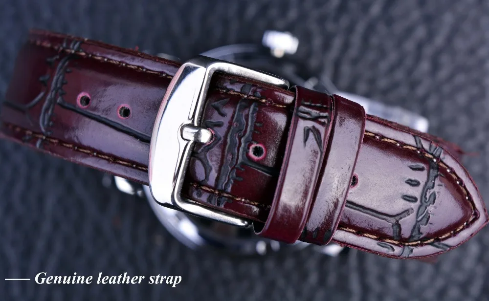 Winner Royal Carving Skeleton Brown Leather Strap Silver Case Transparent Case Men Watch Top Brand Luxury Mechanical Watch Clock