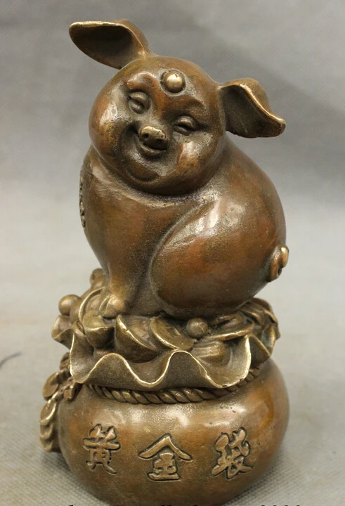 

JP S0606 Folk Chinese Bronze Copper Wealth YuanBao Coin Happy Pig On Money Bag Statue Set (B0413)
