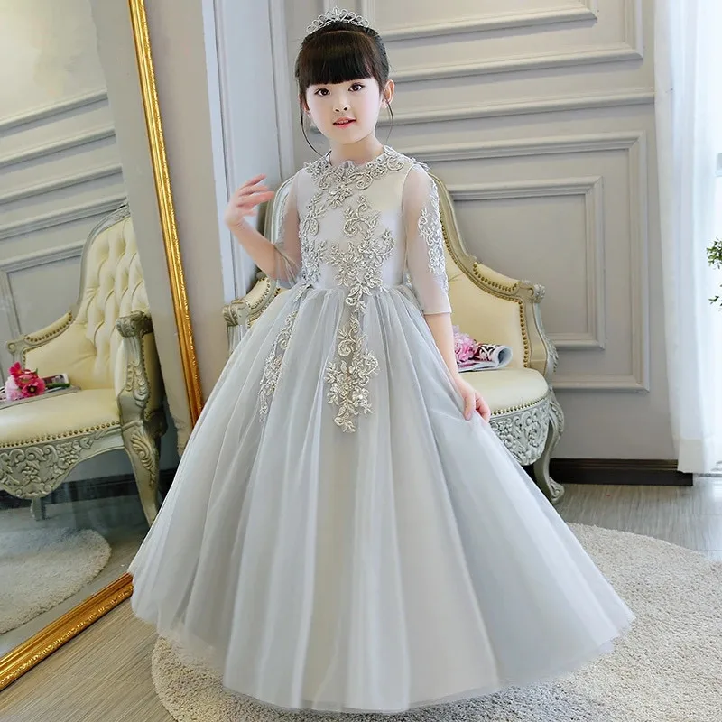 Элегантное серое кружевное свадебное платье с аппликацией для девочек; платье с цветочным узором для девочек с короткими рукавами; платье для первого причастия для вечеринки и дня рождения