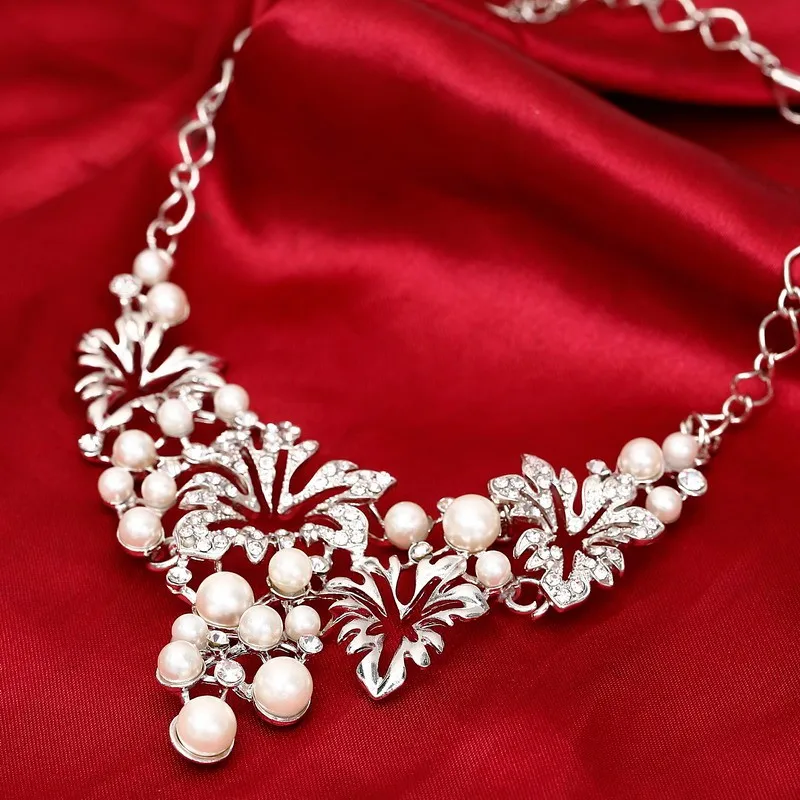 Модный золотой серебряный ювелирный набор, массивное ожерелье, серьги, имитация жемчуга, набор украшений для женщин, цветок, свадебные ювелирные наборы