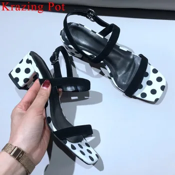 

Krazing Pot classic polka dot buckle strap peep square toe kid suede pretty girls Hollywood movie stars dating party sandals L15