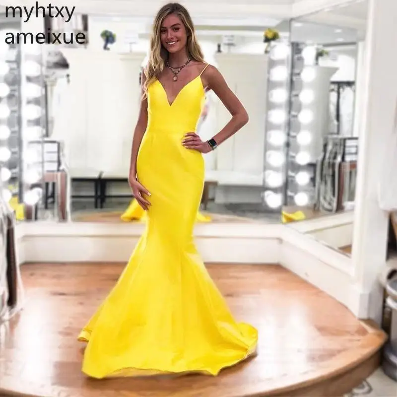 Sexy Cheap Mermaid Evening Dresses V-neck Floor Length 2021 Yellow Satin Spaghetti Straps Robe De Soiree New Women Formal Party | Свадьбы и