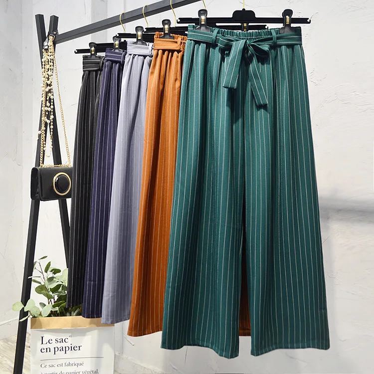 TCJULY осень дизайн широкие брюки с Бант в полоску пояса эластичный пояс свободные женские брюки уличная палаццо брюки