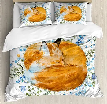 

Fox Duvet Cover Set Sleeping Fox in Watercolors Hand Drawn Fresh Wild Flowers Blossoms Artwork 4 Piece Bedding Set