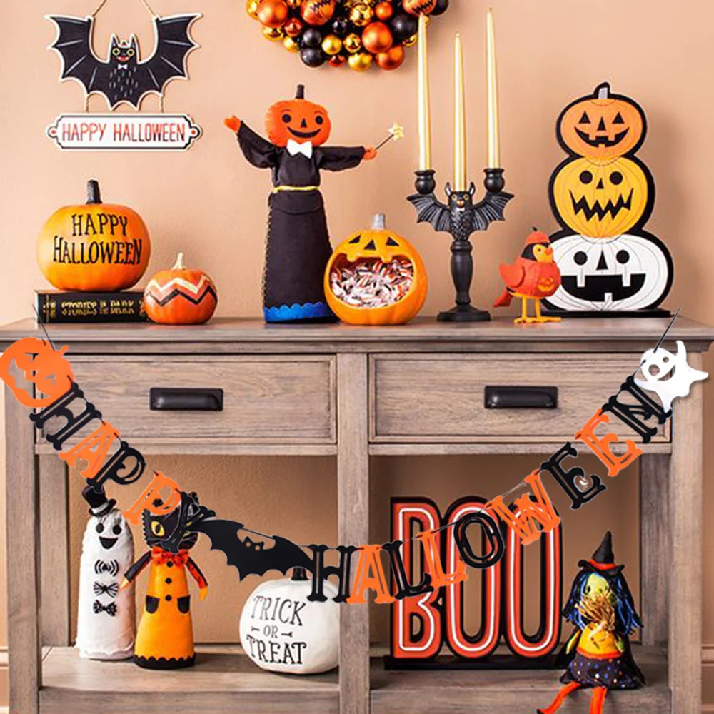 

Orange and Black Felt Happy Halloween Banner Bunting Garland with Bat Pumpkin Ghost Fun Halloween Party Decorations DIY Kids