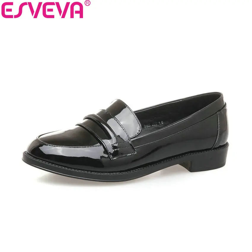 

ESVEVA 2018 Women Pumps College Wind Square Low Heels Slip on Cow Patent Leather PU Round Toe Cocnise Ladies Shoes Size 34-39