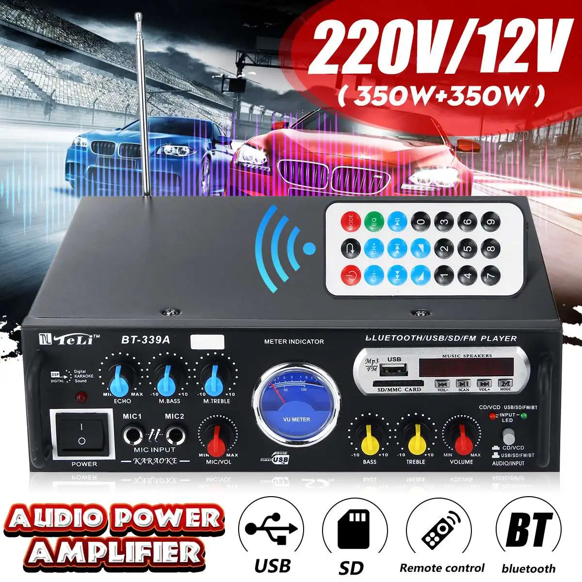 

700W Car Amplifier bluetooth Wireless Audio Amplifier Stereo Home Theater Amplifiers with VU meter Support FM Radio USB SD Cards