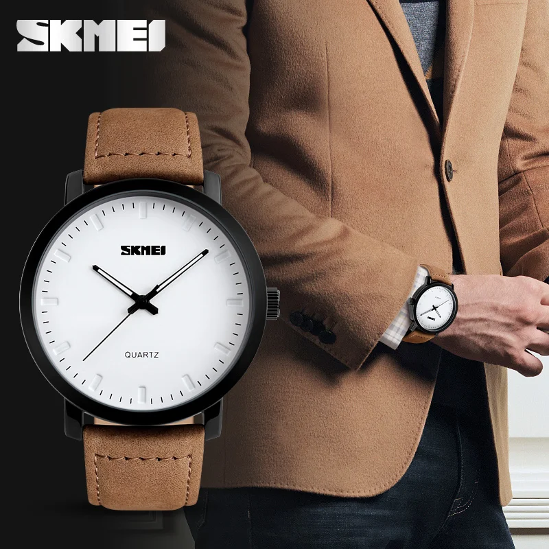 Achat SKMEI Marque Nouvelle Mode Brun Bracelet En Cuir Montres Hommes Quartz Montre Étanche Hommes Montres