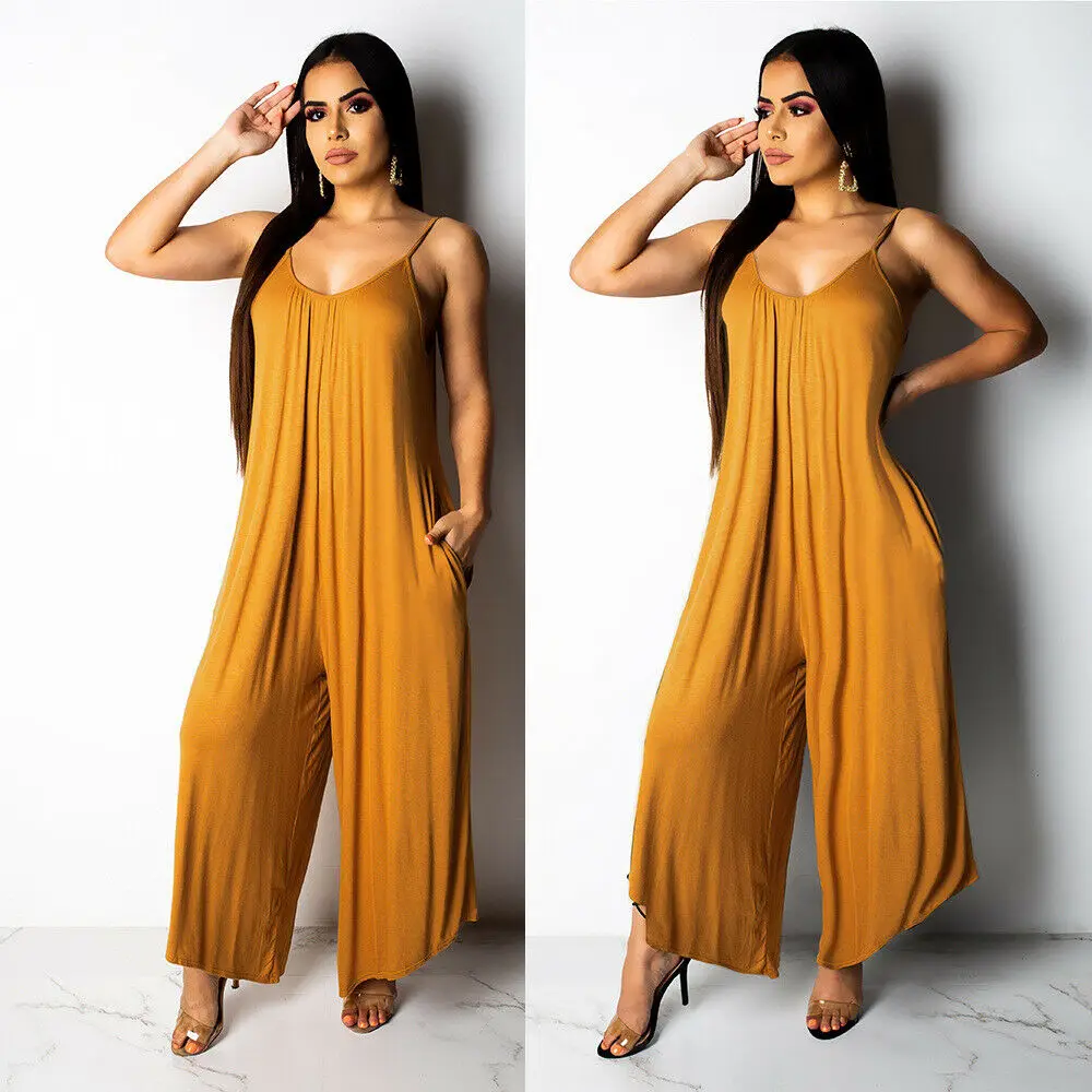 

Summer Women Sexy Spaghetti Strap V Neck Romper Solid Color Casual Long Jumpsuit