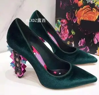 Tacones Mujer; коллекция года; черные бархатные женские туфли-лодочки; женские туфли на высоком каблуке с блестящими кристаллами; свадебные туфли; большие размеры 42 - Цвет: as show