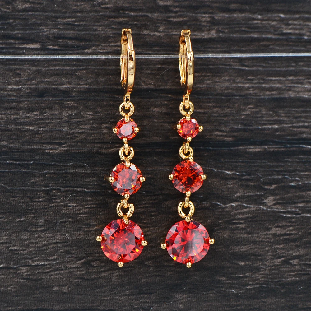

Fashion Gold Color Round Red Cubic Zirconia CZ Stones Drop Earrings for Women