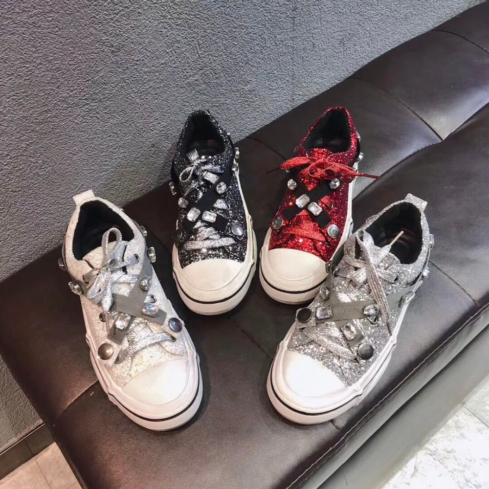 Белые туфли Женские блестящие кроссовки с кристаллами zapatillas mujer Новинка Сезон