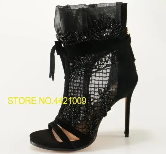 

2018 Ladies Lace Up High Heel Boots Sandals Crystal Cover Elegant Black Lace Women Peep Toe Ankle Boots Ankle Bandage Boots