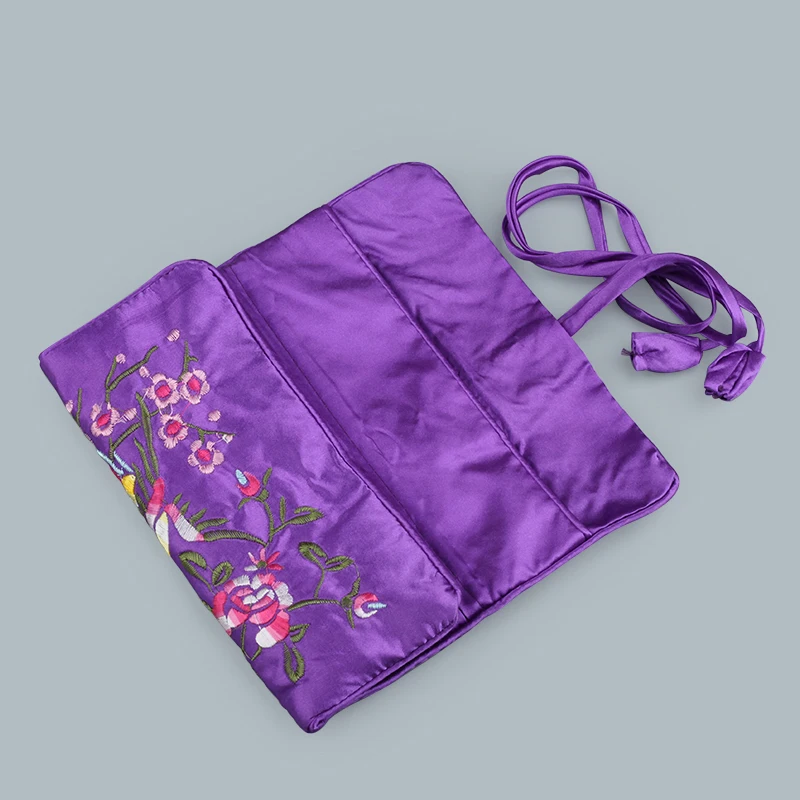 Portable Silk Cosmetic Set Jewelry Travel Rolls Pouch Gift Bag Coin Purse Vintage Embroidery Jewelry Organizer Handbag 3 Zippers