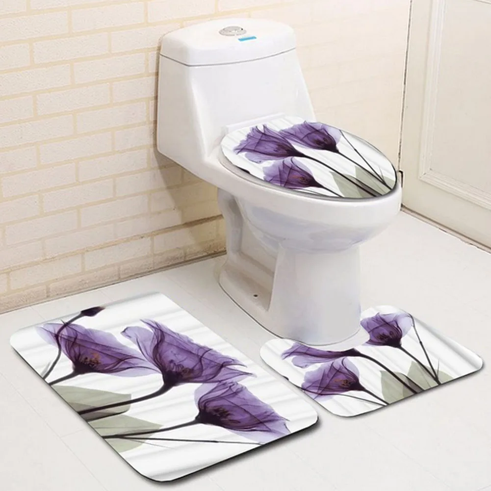 

3Pcs Lavender Printed Bathroom Carpets Set Washable Toilet Bath Mats Coral velvet Floor Shower Room Mats Kits
